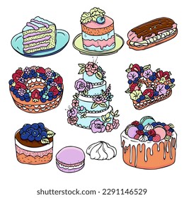 Handgezeichnete Vektorgrafik, Kuchen und Gebäck, Skizze im Doodle-Stil.