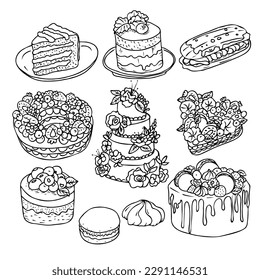 Hand drawn vector illustration, cakes and pastries, sketch in doodle style.