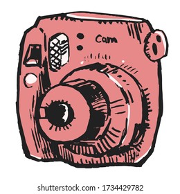 Hand drawn vector illustration with Camera. Graphic handmade illustration. Photo camera isolated from background.
