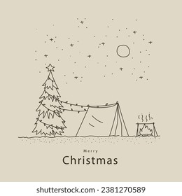 Hand drawn vector illustration of a camping tent and a Christmas tree