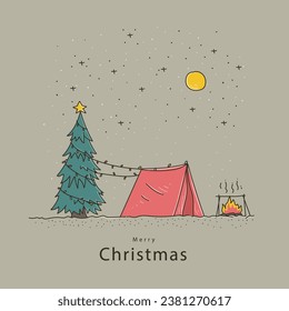 Hand drawn vector illustration of a camping tent, bonfire, Christmas tree and stars