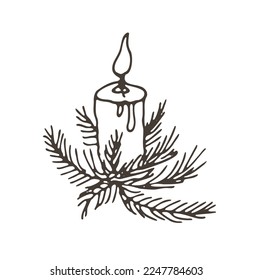 Hand drawn vector illustration of candle and tree branch with needles, ink sketch in doodle cartoon style isolated on white background, pen on paper for greeting cards, posters and stickers.