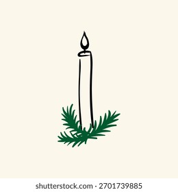 Handgezeichnete Vektorgrafik einer Kerze mit Tannenzweigen auf isoliertem Hintergrund. Weihnachtsfeiertagsklipart im Vintage-Stil