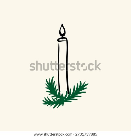 Hand drawn vector illustration of candle with fir branches on isolated background. Christmas holiday clipart in vintage style