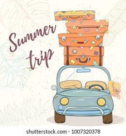 Hand drawn vector illustration of car with bags and suitcases. Retro card of summer travel elements on light background can be used for invitation, banner template, flyer, sale, website, cover.