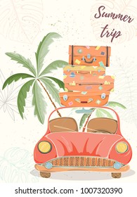 Hand drawn vector illustration of car with bags and suitcases. Retro card of summer travel elements on light background can be used for invitation, banner template, flyer, sale, website, cover.