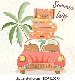Hand drawn vector illustration of car with bags and suitcases. Retro card of summer travel elements on light background can be used for invitation, banner template, flyer, sale, website, cover.