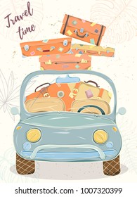 Hand drawn vector illustration of car with bags and suitcases. Retro card of summer travel elements on light background can be used for invitation, banner template, flyer, sale, website, cover.