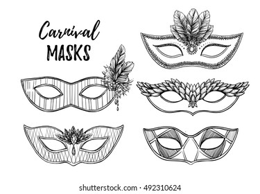 Hand drawn vector illustration - Carnival masks with feathers, diamonds, Rhinestones. Isolated on white background.
