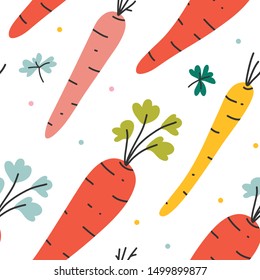 hand drawn vector illustration of carrot cooking ingredient in modern sketch hanndrawn style. Colorful seamless pattern of vegetable, good for fabric textile print or wrapping paper.