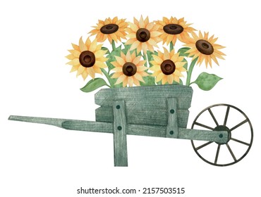 Hand Drawn Vector Illustration of the Cart with Sunflowers in Watercolor Vintage style. Cute Botanical design, perfect for post cards, invitation cards, decoration, print, textile and fabric, stickers