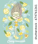 Hand drawn vector illustration of cartoon diving girl in fresh soda lemonade with lemons, ice and mint leaves.