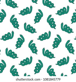 Hand drawn vector illustration of cartoon green snake pattern.