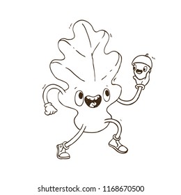 Hand Drawn Vector Illustration. Cartoon Character: A cute autumn oak leaf smiles and holds a joyful acorn in his hand. Coloring Book Page