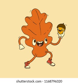 Hand Drawn Vector Illustration. Cartoon Character: A cute autumn oak leaf smiles and holds a joyful acorn in his hand