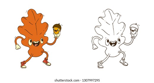 Hand Drawn Vector Illustration. Cartoon Character: A cute autumn oak leaf smiles and holds a joyful acorn in his hand. Coloring Book Page