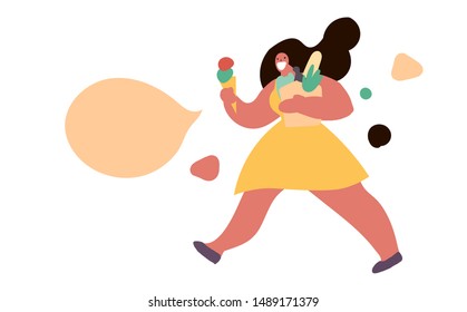 Hand drawn vector illustration cartoon cute character, young happy woman carrying grocery in paper bag, speech bubble. Minimal flat style art.