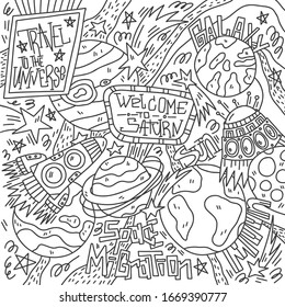 Hand drawn vector illustration with cartoon solar sistem planets Saturn, Earth, Mars, Neptune, Jupiter. Space lettering. Great for posters and banners. Future concept. Travel to the Universe.