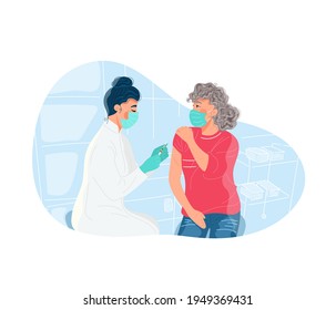 Hand drawn vector illustration in cartoon flat style. Vaccination of the elderly.  A doctor makes an injection to an elderly woman. People vaccination. Isolated on abstract background