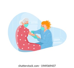 Hand drawn vector illustration in cartoon flat style. Vaccination of the elderly.  A doctor makes an injection to an elderly woman. People vaccination. Boost immunity, health care