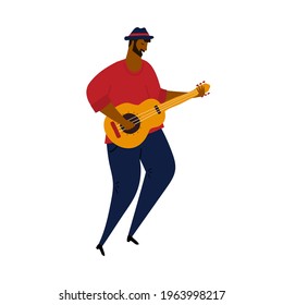 Hand drawn vector illustration of cartoon abstract style man playing a guitar or cuban tres. Isolated on white background.