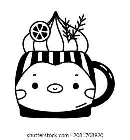 Hand drawn vector illustration of cartoon coffee mug. Doodle frothy hot drink in cute cup. Penguin mug.