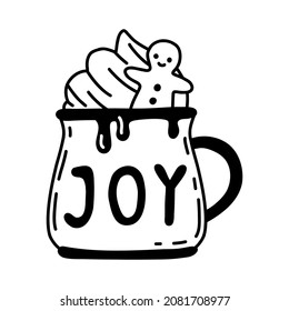 Hand drawn vector illustration of cartoon coffee mug. Doodle frothy hot drink in cute cup with gingerbread man and joy.