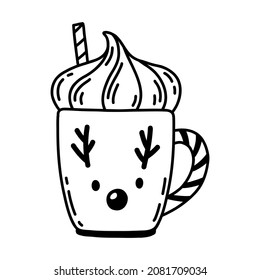 Hand drawn vector illustration of cartoon coffee mug. Doodle frothy hot drink in cute cup. Deer mug.