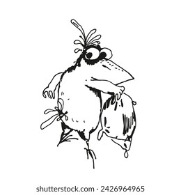 ilustración vectorial dibujada a mano de cuervo divertido de dibujos animados con almohada, boceto monocromo de cuervo de pájaro lindo, silueta entintada de animal volador posando aislado sobre fondo blanco