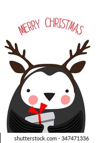 Hand drawn vector illustration of a cartoon penguin with a present on a Merry Christmas card template.