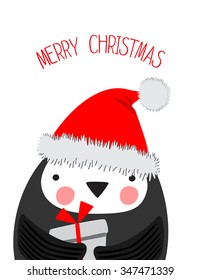 Hand drawn vector illustration of a cartoon penguin with a present on a Merry Christmas card template.