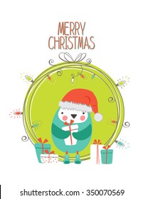 Hand drawn vector illustration of a cartoon penguin with a present on a Merry Christmas card template.