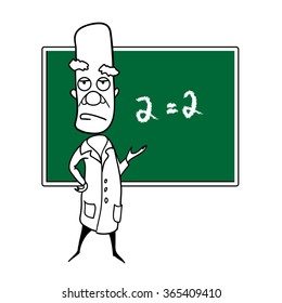 Hand drawn vector illustration - cartoon professor shows on the board with formula