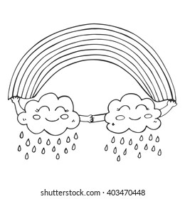 Hand drawn vector illustration with cartoon clouds and rainbow. Cute background for children's room.