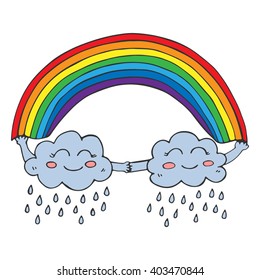 Hand drawn vector illustration with cartoon clouds and rainbow. Cute background for children's room.