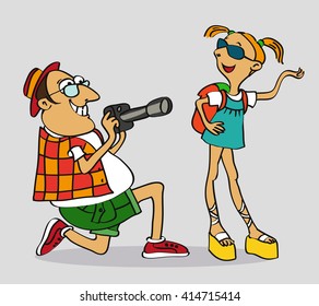 Hand drawn. Vector illustration. Cartoon.Tourists are photographed.