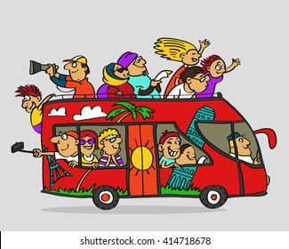 Hand drawn. Vector illustration. Cartoon. Tourist double-decker bus and happy tourists in it.