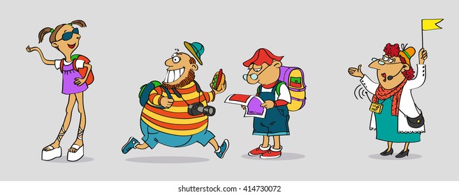 Hand drawn. Vector illustration. Cartoon. Funny guide gathers a group of tourists.