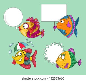 Hand drawn. Vector illustration. Cartoon. Funny fish with speech bubble on a green background.  Isolated objects. 