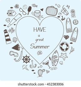 Hand drawn vector illustration. Cartoon doodle card, template,background. Set of summer icons.Clip art for design