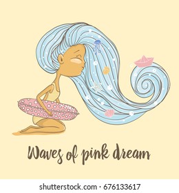 Hand drawn vector illustration of cartoon girl with long blue hair on the beach with a swimming circle. A ship on the waves. Sea dwellers