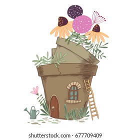 Hand drawn vector illustration of cartoon flower pots. Fairy house in the garden.