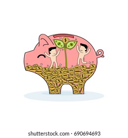 Hand drawn vector illustration for Cartoon Business concept, Small people are happy. Save money in piggy bank and stack coin for growing your business and plant