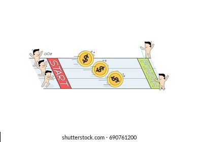 Hand drawn vector illustration for Cartoon Business concept,Small peoples rolling a giant money coins racing on track
