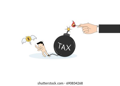 Hand drawn vector illustration for Cartoon Business concept,Businessman hand holding With Match stick Fire Tax Bomb. Small people Chain Bound Leg with a Tax Bomb. Money fly out of Small people