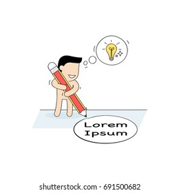 Hand drawn vector illustration for Cartoon Business concept, Small people to write with a pencil. Having A Good Idea with light bulb