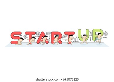 Hand drawn vector illustration for Cartoon Business Startup concept, Small people running step. Runner from start to finish. business startup typography with line icons