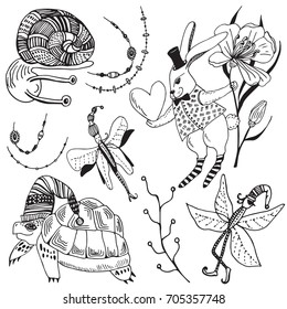 Hand drawn vector illustration with cartoon cute magical animals and natural elements. Romantic design elements for prints, t-shirt, wedding, greeting card, scrapbooking. Beautiful fairy collection.