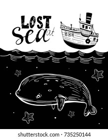 Hand drawn vector illustration with cartoon boat, whale, stars
