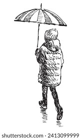 Hand drawn vector illustration of casual little city girl under umbrella walking outdoors alone